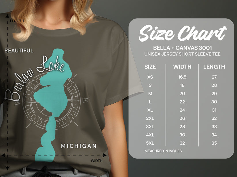 T-shirt size chart for Barlow Lake graphic on taupe shirt.
