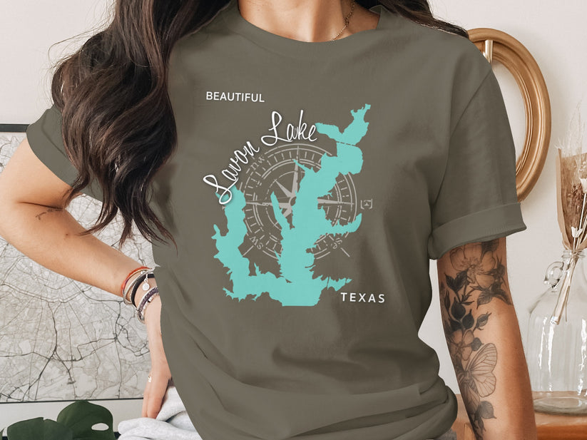T-shirt with map of Lavon Lake, Texas and compass rose design.