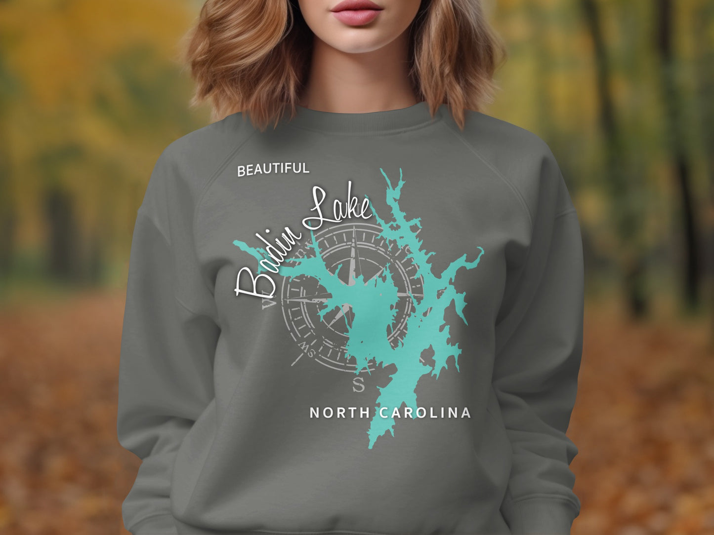 Gray sweatshirt with a map of Badin Lake and North Carolina.