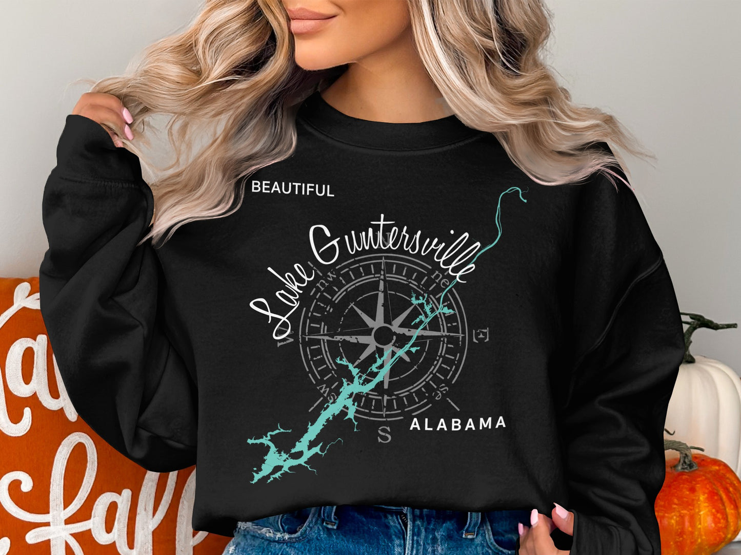Black sweatshirt with Lake Guntersville map and compass design.
