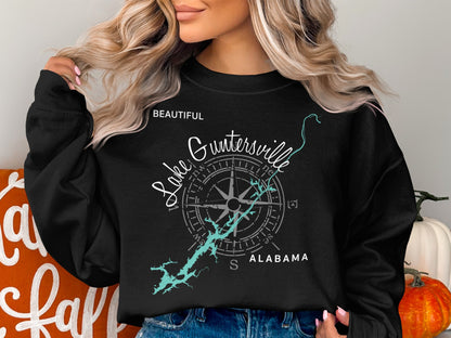 Black sweatshirt with Lake Guntersville map and compass design.