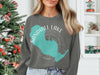 Dark gray crewneck sweatshirt with turquoise Sandhill Lake Wisconsin map graphic.