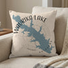 Waurika Lake Oklahoma map design on a textured throw pillow.