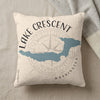 Cream pillow with Lake Crescent Washington map, compass rose, and text.