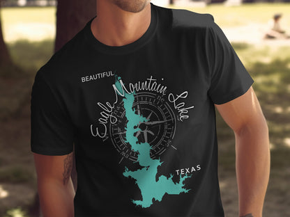 T-shirt with teal Eagle Mountain Lake map and compass graphic.