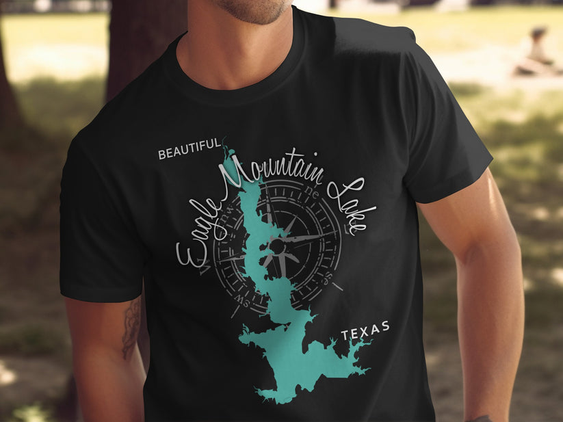 T-shirt with teal Eagle Mountain Lake map and compass graphic.
