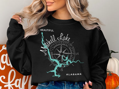 Black sweatshirt with "Beautiful Mitchell Lake ALABAMA" map design and compass.