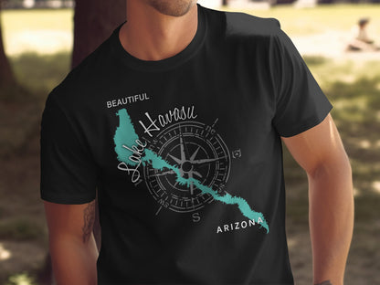 Dark t-shirt featuring Lake Havasu map and compass design with "ARIZONA" text.