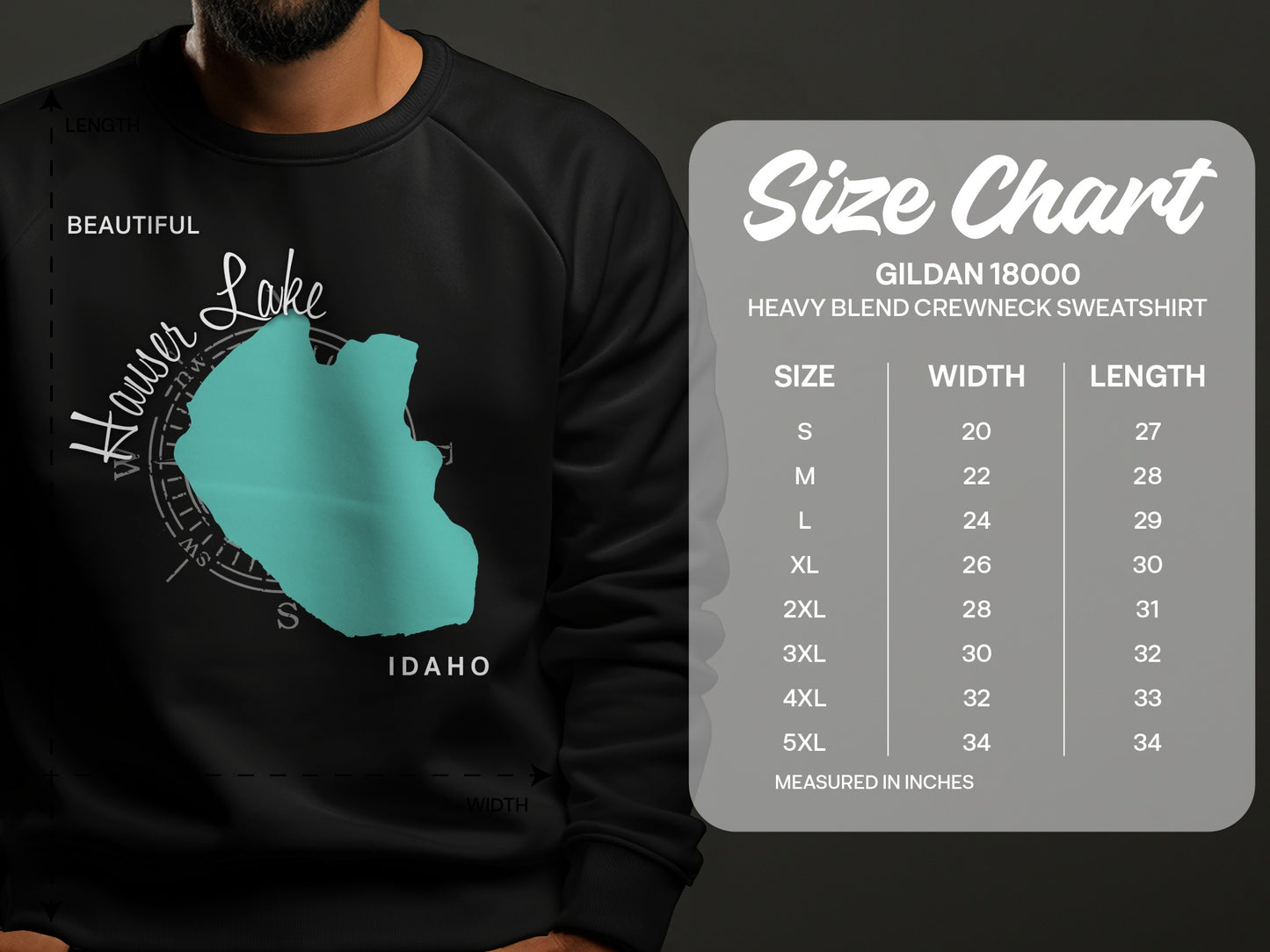 Hauser Lake Idaho graphic on black sweatshirt with Gildan size chart.
