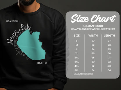 Hauser Lake Idaho graphic on black sweatshirt with Gildan size chart.