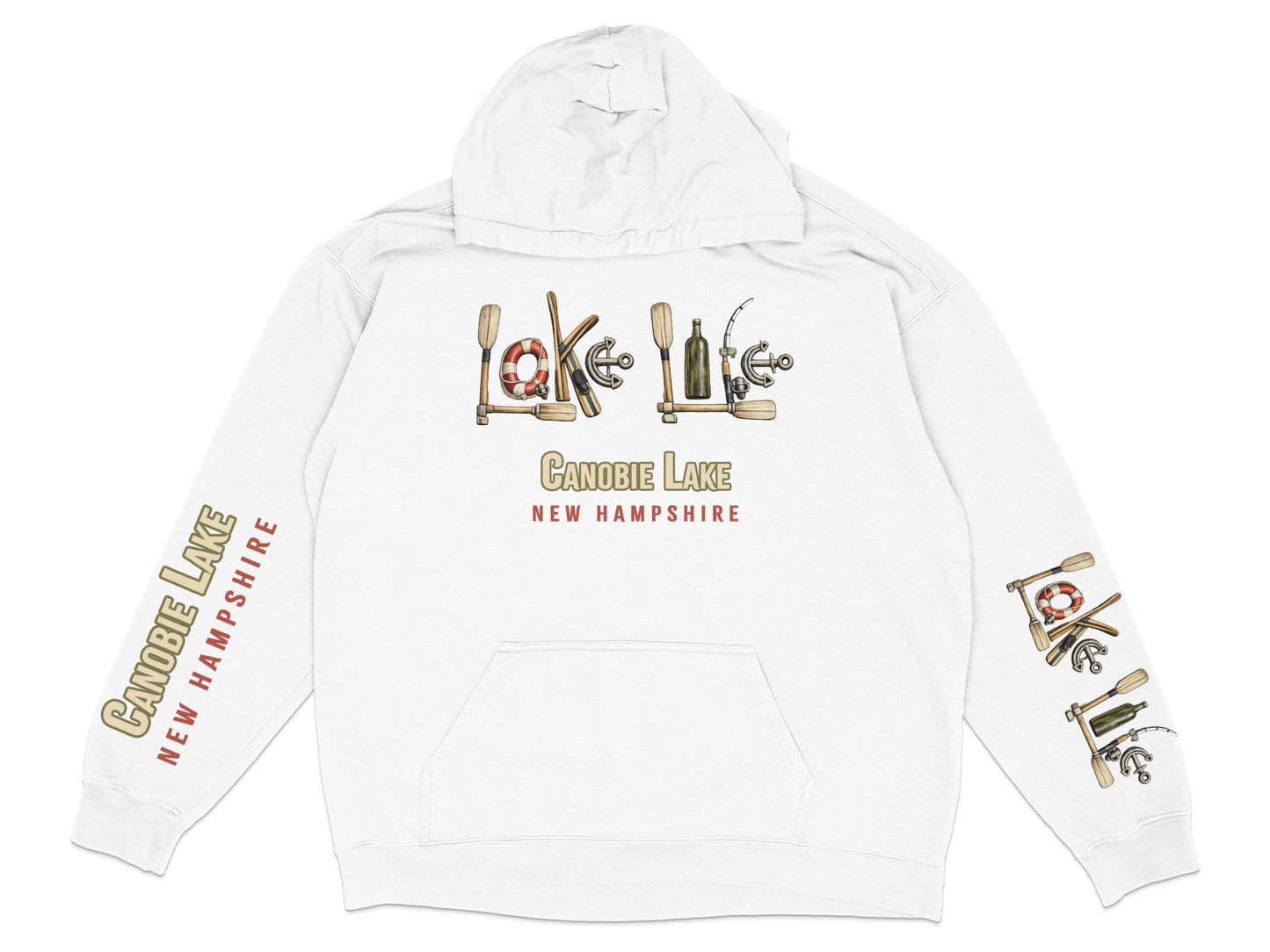 White hoodie with "Lake Life" text art and "Canobie Lake New Hampshire" graphics.