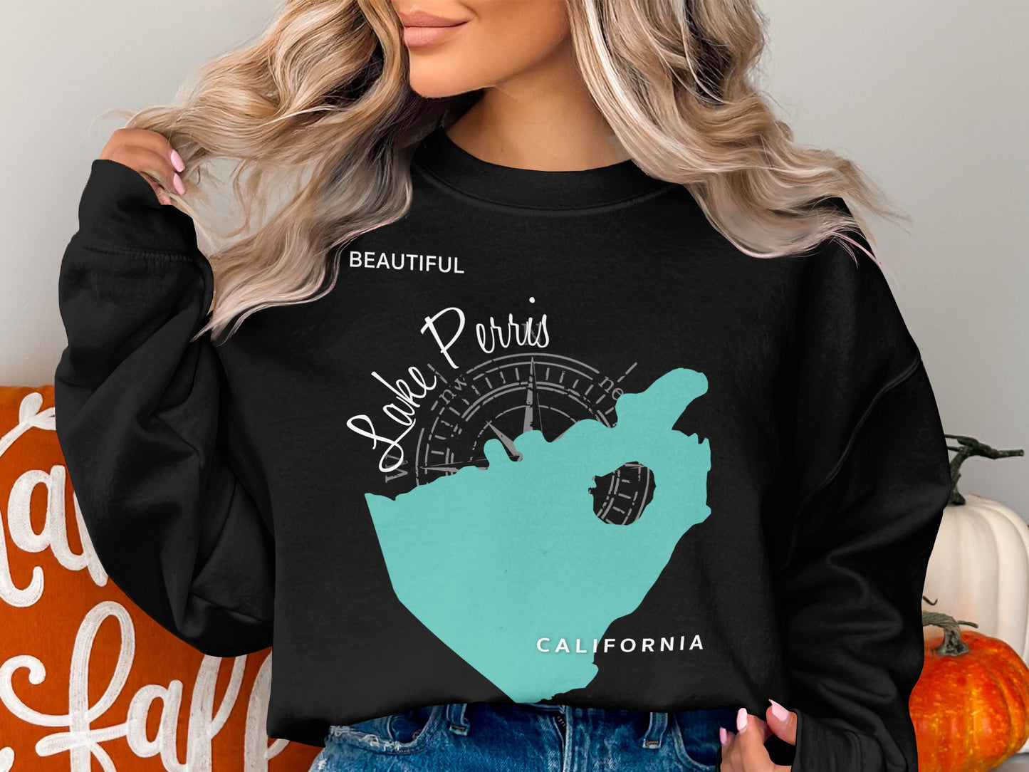 Black crewneck sweatshirt with "Lake Perris CALIFORNIA" map and compass design.