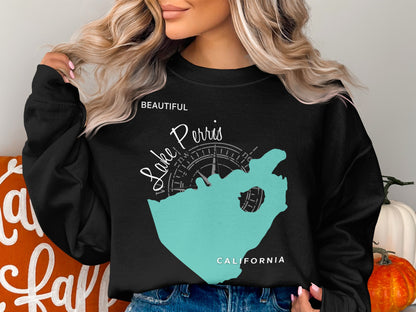 Black crewneck sweatshirt with "Lake Perris CALIFORNIA" map and compass design.