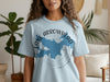 Light blue t-shirt with Lake Arrowhead California map and compass graphic.