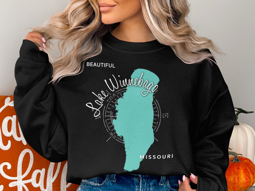 Black sweatshirt with turquoise Lake Winnebago Missouri map and compass graphic.