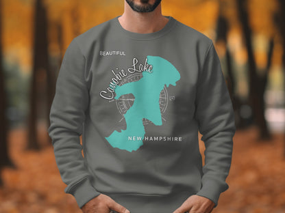 Grey sweatshirt with teal map outline of Canobie Lake, New Hampshire.
