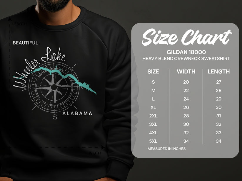 Wheeler Lake Alabama design on a Gildan 18000 sweatshirt size chart.