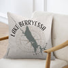 Pillow with Lake Berryessa map and compass design, California.