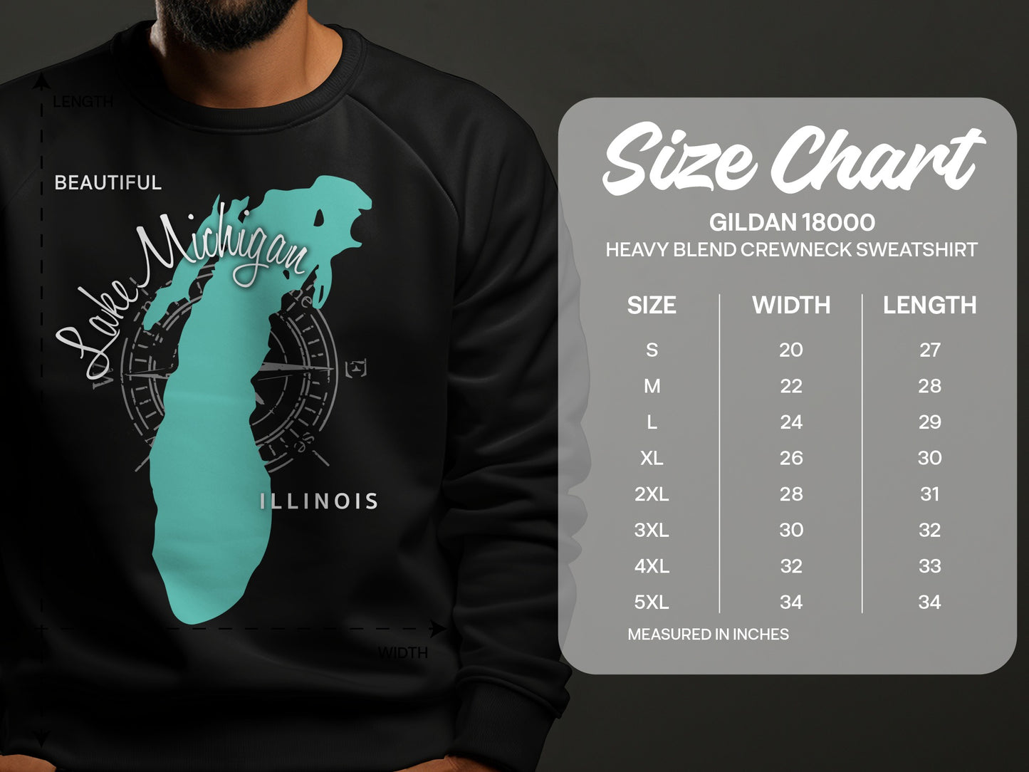 Crewneck sweatshirt size chart showing measurements for Gildan 18000.