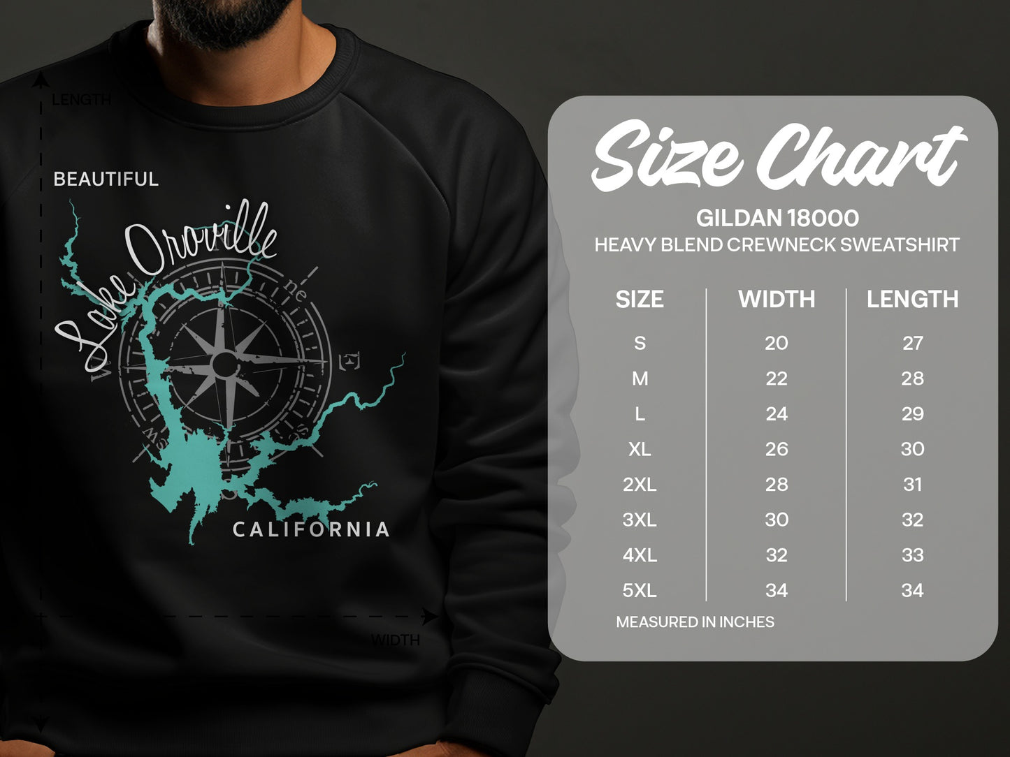 Lake Oroville California graphic on Gildan 18000 sweatshirt size chart.