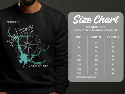 Lake Oroville California graphic on Gildan 18000 sweatshirt size chart.