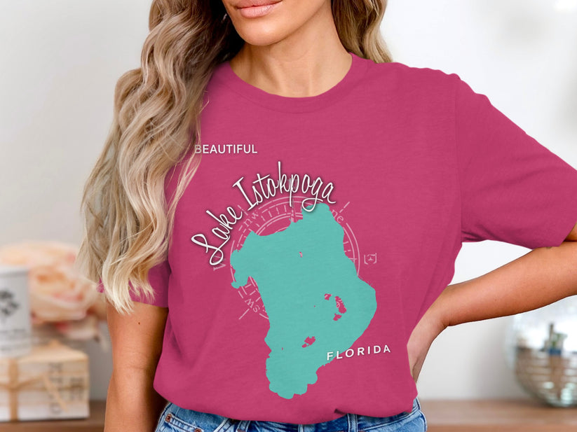Pink t-shirt with "Lake Istokpoga FLORIDA" and map graphic.