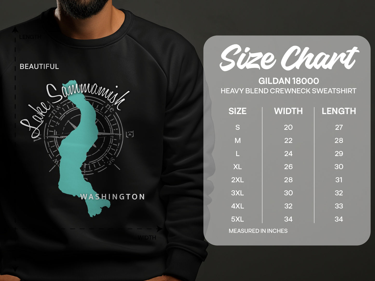 Crewneck sweatshirt size chart with Lake Sammamish map graphic.