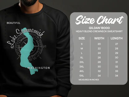 Crewneck sweatshirt size chart with Lake Sammamish map graphic.