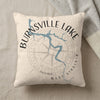 Cream pillow with blue Burnsville Lake map design and compass rose.