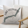 Lake Ullswater map with compass rose design on a light-colored throw pillow.