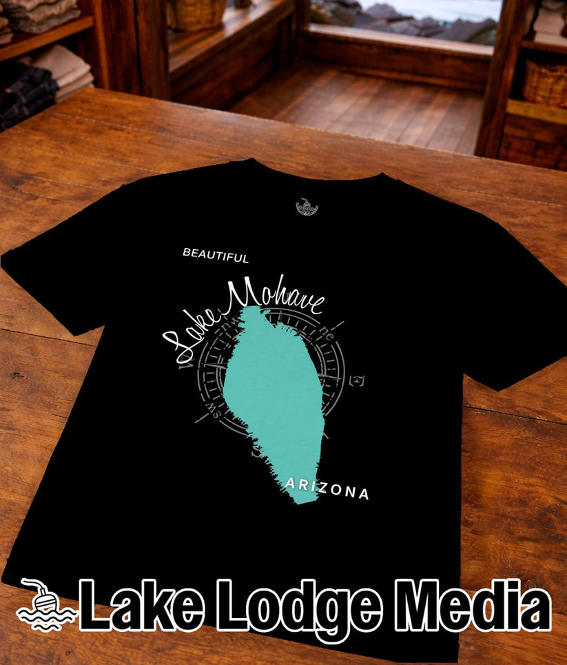 Black t-shirt with "Lake Mohave Arizona" and a compass rose design.