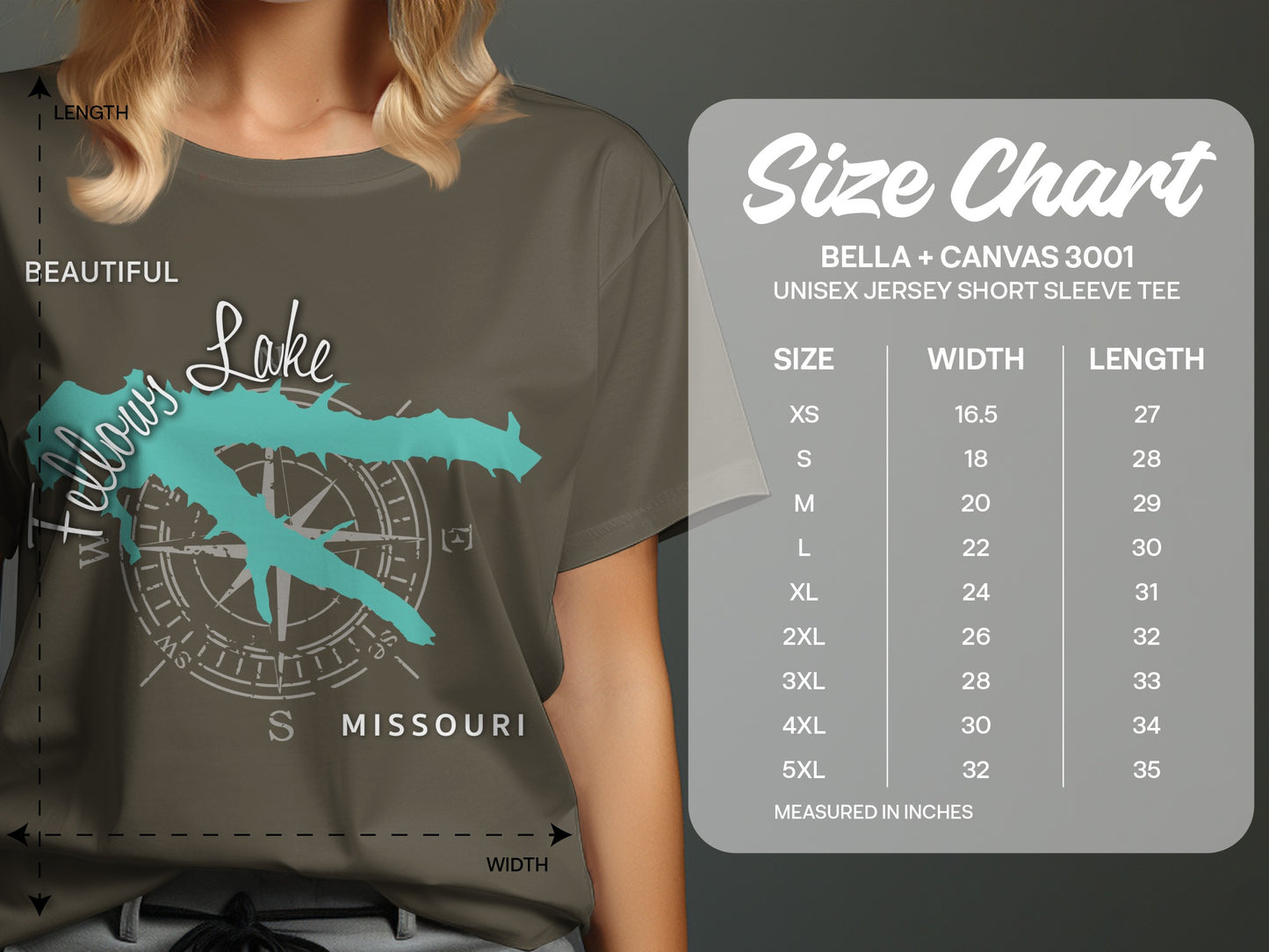 T-shirt with "Beautiful LakeFellows Lake" text and compass graphic, alongside size chart.