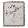 Woven blanket with Hyco Lake map, compass rose, and text "North Carolina".