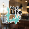 Medina Life sticker with lake outline in teal.