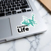 Carters Life sticker showing a teal lake outline and black text on a laptop.