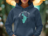 Navy blue hoodie with a teal Lake Buchanan map and compass design.