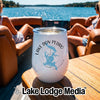 White insulated tumbler featuring a Lake Don Pedro California map graphic, sitting on a boat table.