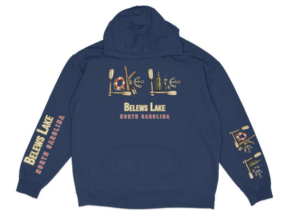 Navy hoodie with "Brews Lake North Carolina" text and nautical graphics.