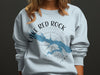 Light blue sweatshirt with Lake Red Rock Iowa map and compass graphic.