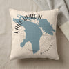 Pillow with a blue outline map of Lake Huron and "Michigan" text.
