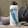 White insulated water bottle with a blue lake outline and compass design, "WIS" text.