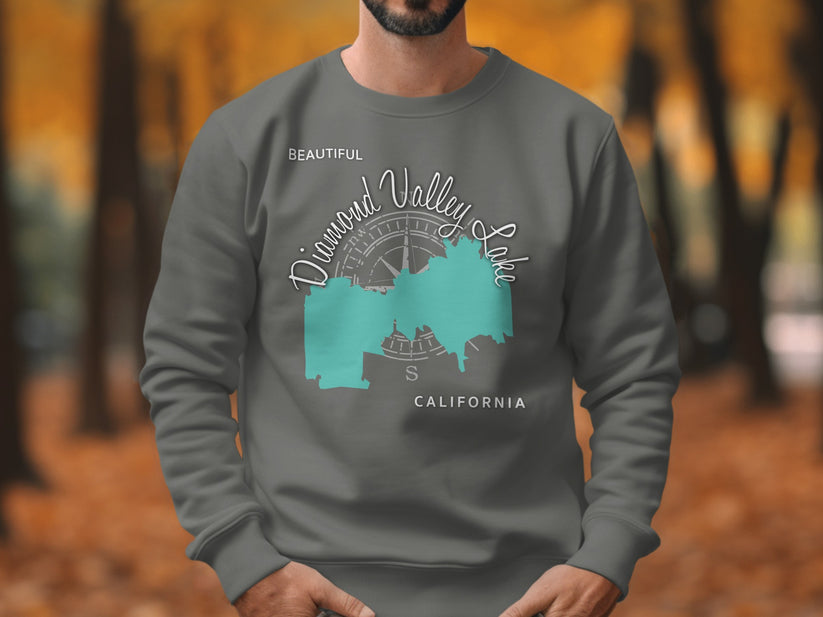 Grey sweatshirt featuring a Diamond Valley Lake map with compass and text.