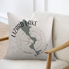 Pillow with Lizard Lake Minnesota map graphic and compass design.
