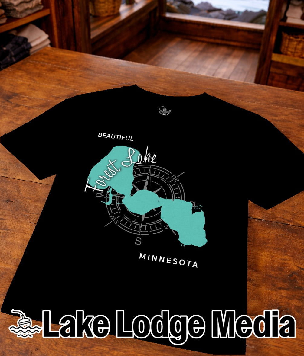 Black t-shirt with a teal map of Forest Lake, Minnesota and compass rose.