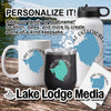 Mug, tumbler, and water bottle with Lake Okeechobee maps and personalization text.