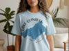 Light blue t-shirt with map of Lake Quinault, Washington and compass design.