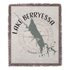 Lake Berryessa California map on a fringed woven blanket with compass rose design.