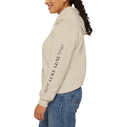 Fear Not Little Flock Hoodie with Printed Sleeves | Luke 12:32 Scripture Heart Design Bible Verse Gift | Share your faith
