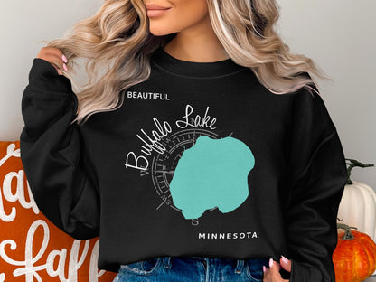 Black sweatshirt with "Beautiful Buffalo Lake Minnesota" graphic and compass rose.