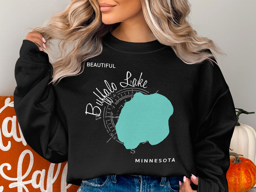 Black sweatshirt with "Beautiful Buffalo Lake Minnesota" graphic and compass rose.